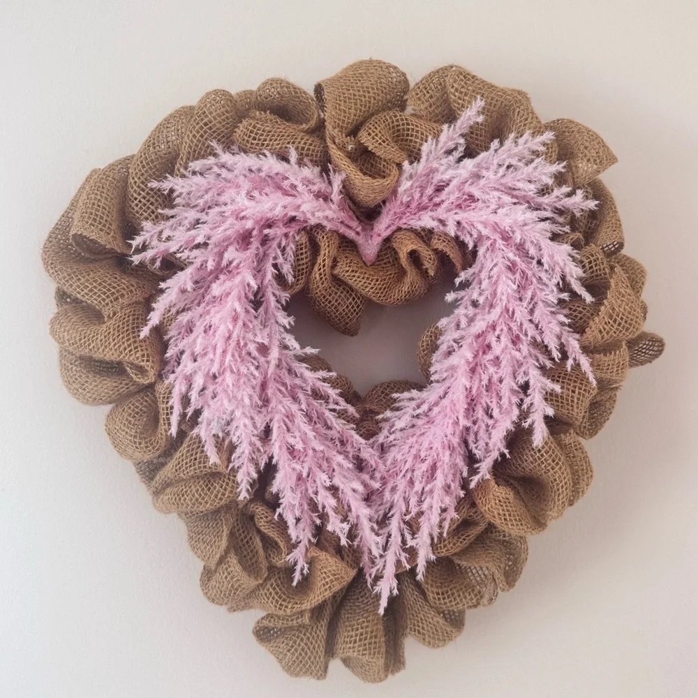 Valentines Heart-Shaped Burlap Wreath with Pink Accents